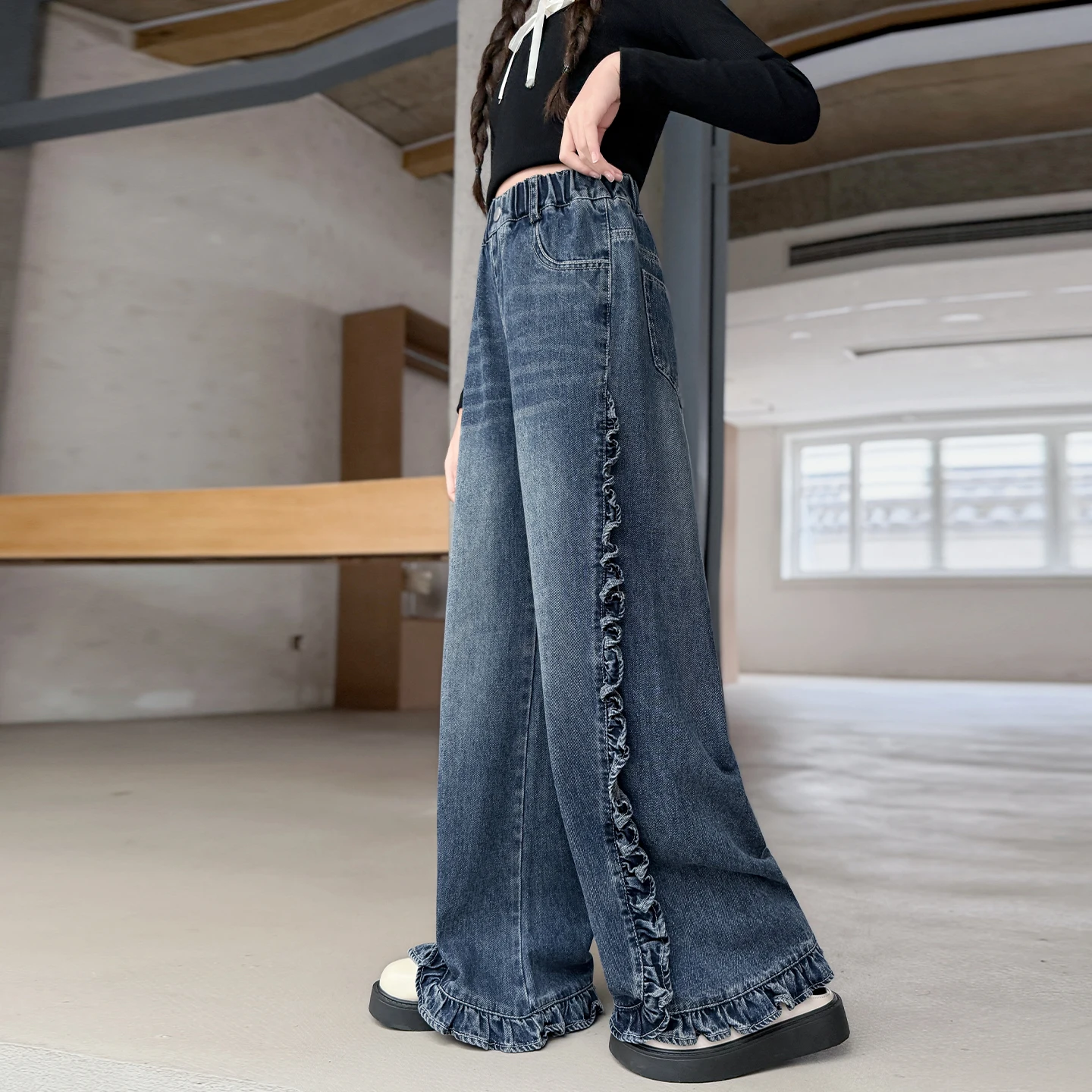 Spring Autumn New Stylish Jeans with Ruffles for Tweens Girl High Fashion Street Denim Pants Kids Child Loose Straight Trousers