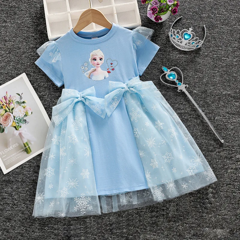 Le nuove ragazze 2024 vestono abiti da principessa estivi a maniche corte congelati Elsa Party vestiti per bambini per abbigliamento per bambini