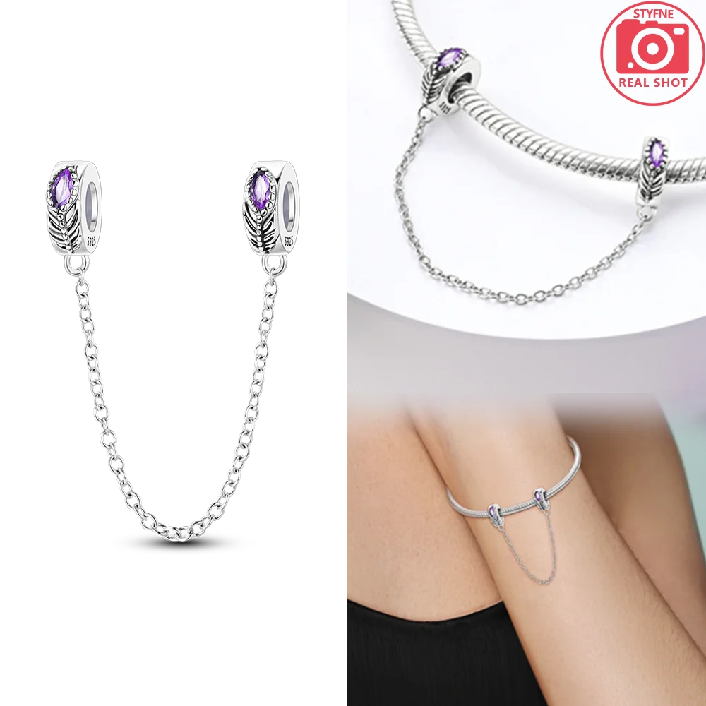 

Серебряные шармы 925 пробы, фиолетовые, в стиле ретро, в форме пера, с защитной цепочкой, подходят для браслетов, оригинальные бусины из серебра 925 пробы, для изготовления женских украшений