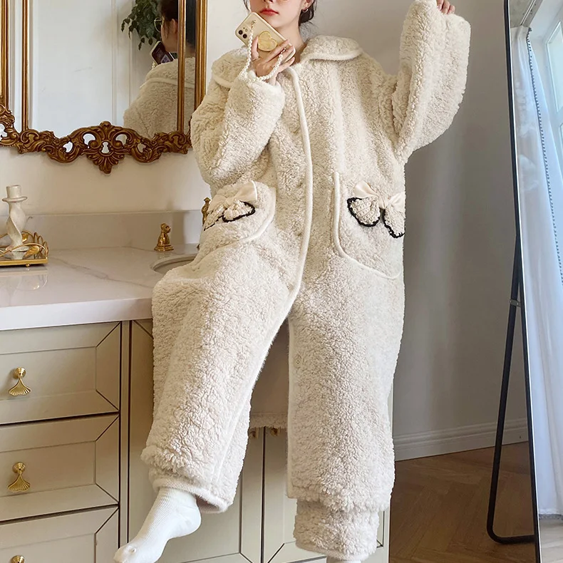 Autumn and Winter Coral Fleece Pajamas Set Women Retro Thickened Flannel Nightdress Home Wear Long Dressing Gown Robes for Women