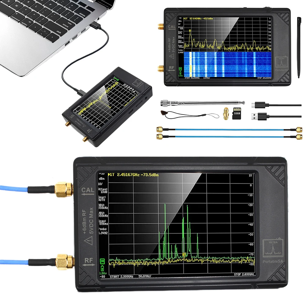 Handheld Tiny Spectrum Analyzer 100KHZ-5.3GHZ 4inch Display TinySA Spectrum Analyzer RF Generator 32GB Card with 3000mAh Battery