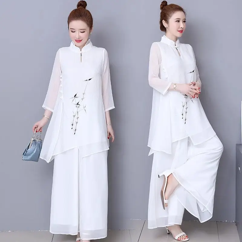 

Женский шифоновый комплект в стиле дзен 2025 — свободная туника в стиле бохо и широкие брюки с рукавом 3/4, большой размер, наряд для отдыха G341