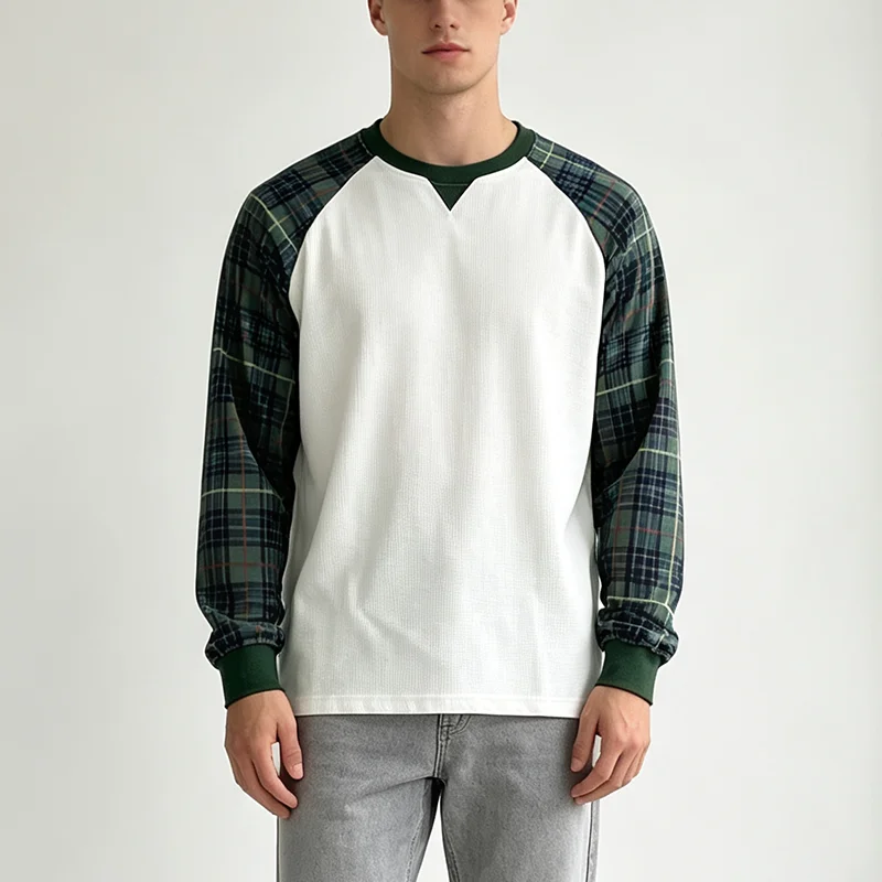 Retro-Kariertes Schulter-Waffel-Langarmshirt mit Rundhalsausschnitt, lässiger, lockerer, vielseitiger, trendiger Herrenpullover für den Herbst. – Detail 4