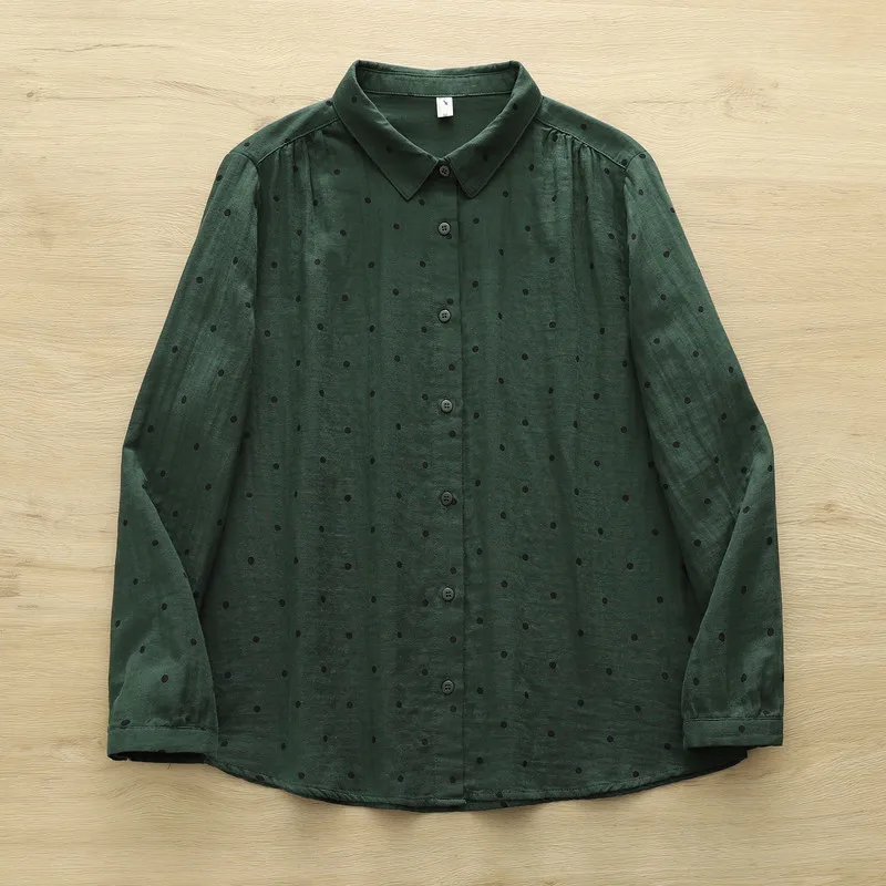 Autumn women clothing two layer 100% cotton yarn green polka dot print shirts long sleeve blouses for women tops lady clothes