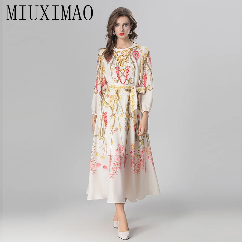 

MIUXIMAO 2024 Fashion Designer Fall Women's Dresses Full Sleeve Diamonds Floral Leaf Print Elegant Long Dress Women With Belt