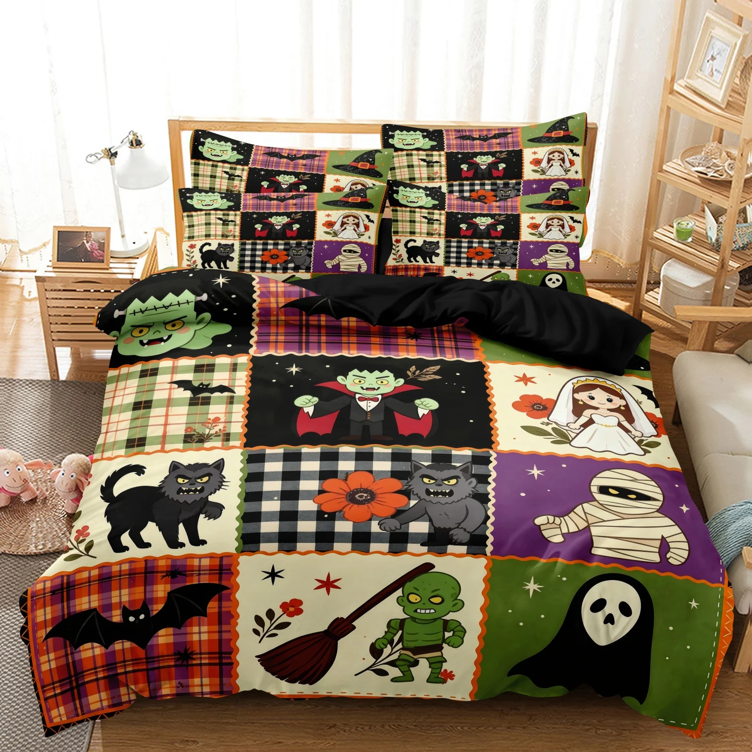 3‑Piece Duvet Cover Set, Patchwork Halloween Monster Vampire Mummy Werewolf Bat Witch Broom Plaid Floral Print Bedding