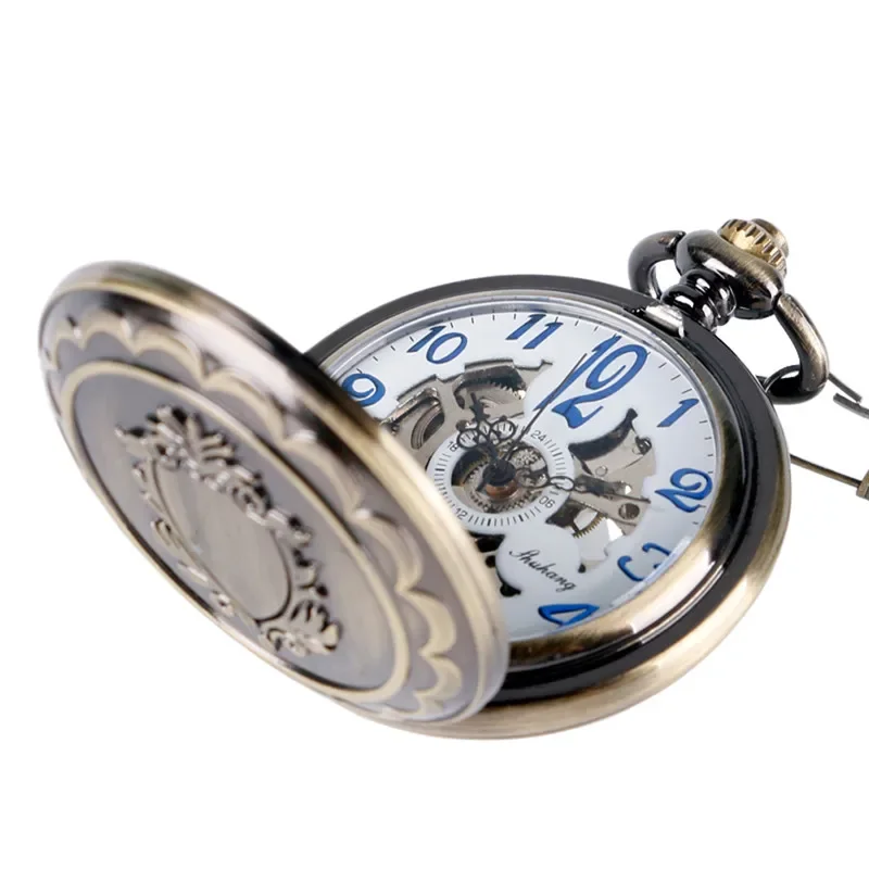 Vintage Carved Shield Case Hand-winding Mechanical Skeleton Pocket Watch for Men Women FOB Chain Collectable Timepiece