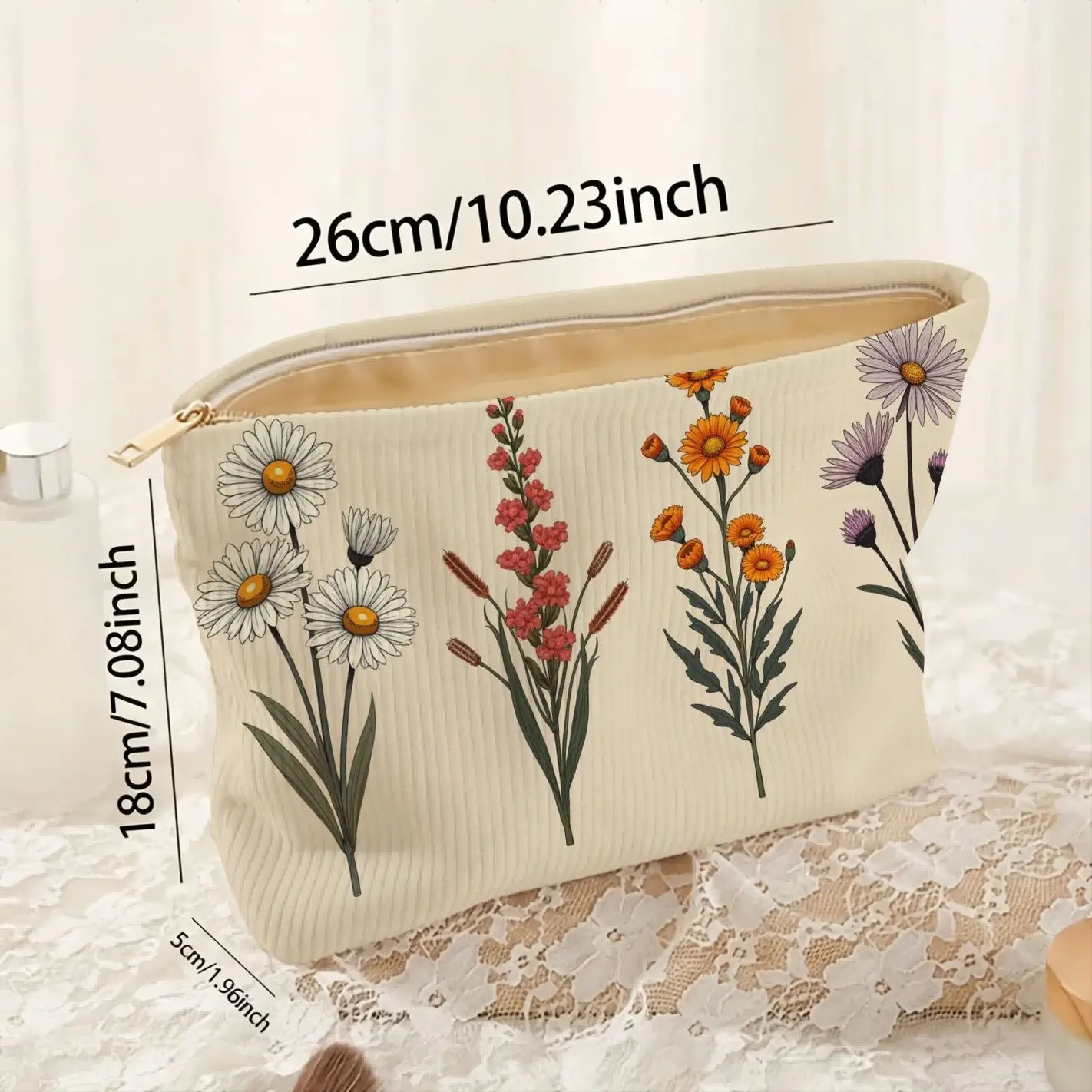 Corduroy Makeup Bag - Large Capacity Zipper Pouch with Soft Corduroy & Wildflower Print, Suitable for Women Girls Organizer Case