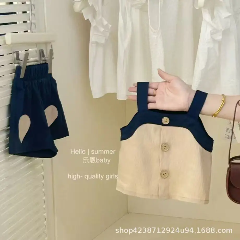 Girls' Summer Khaki  Shorts Set for Baby Girls Fashionable and Cool Two-piece Set Kids Beautiful Suit