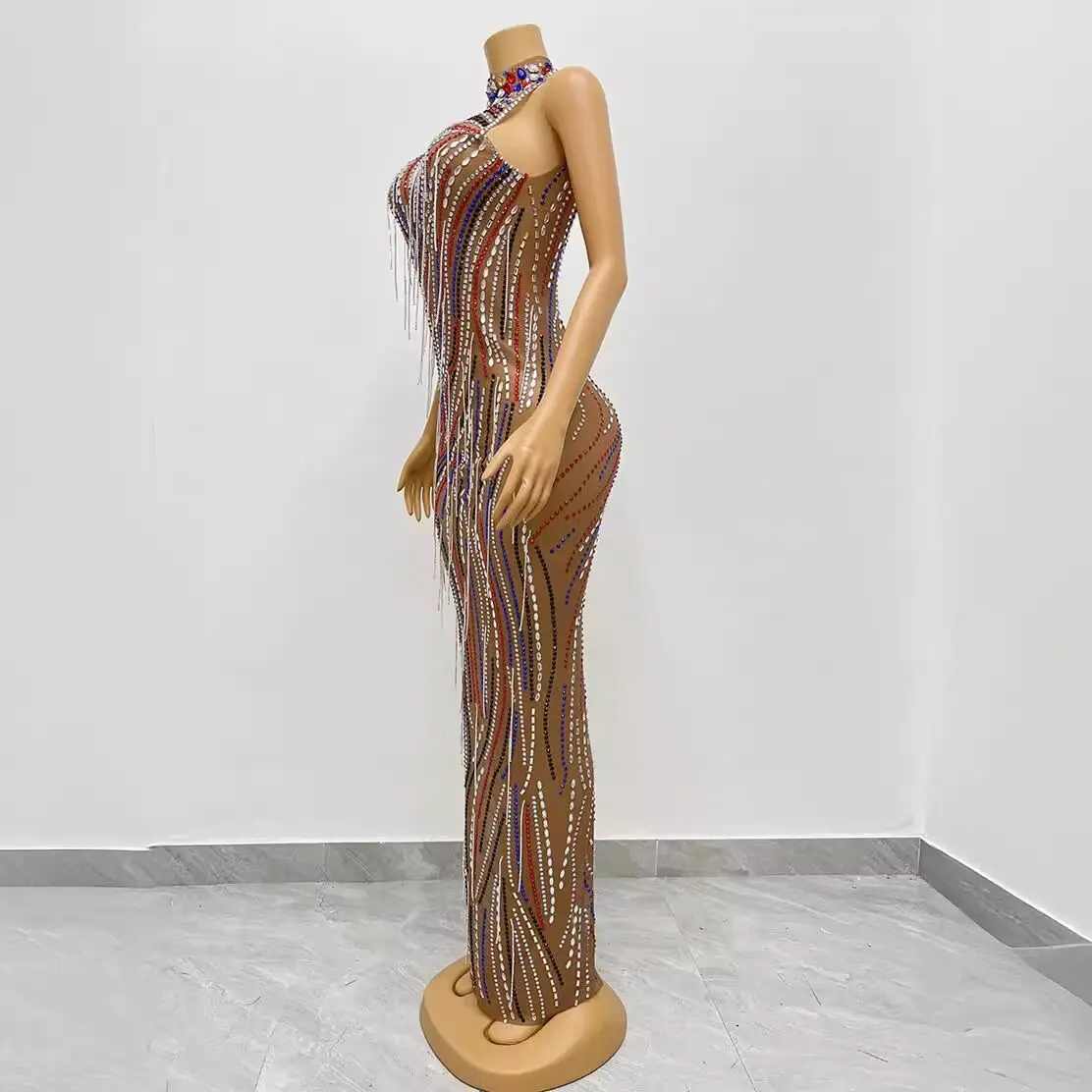 Color bars sexy tight perspective mesh shiny rhinestone chain dress cocktail party evening dress long dress performance clothes