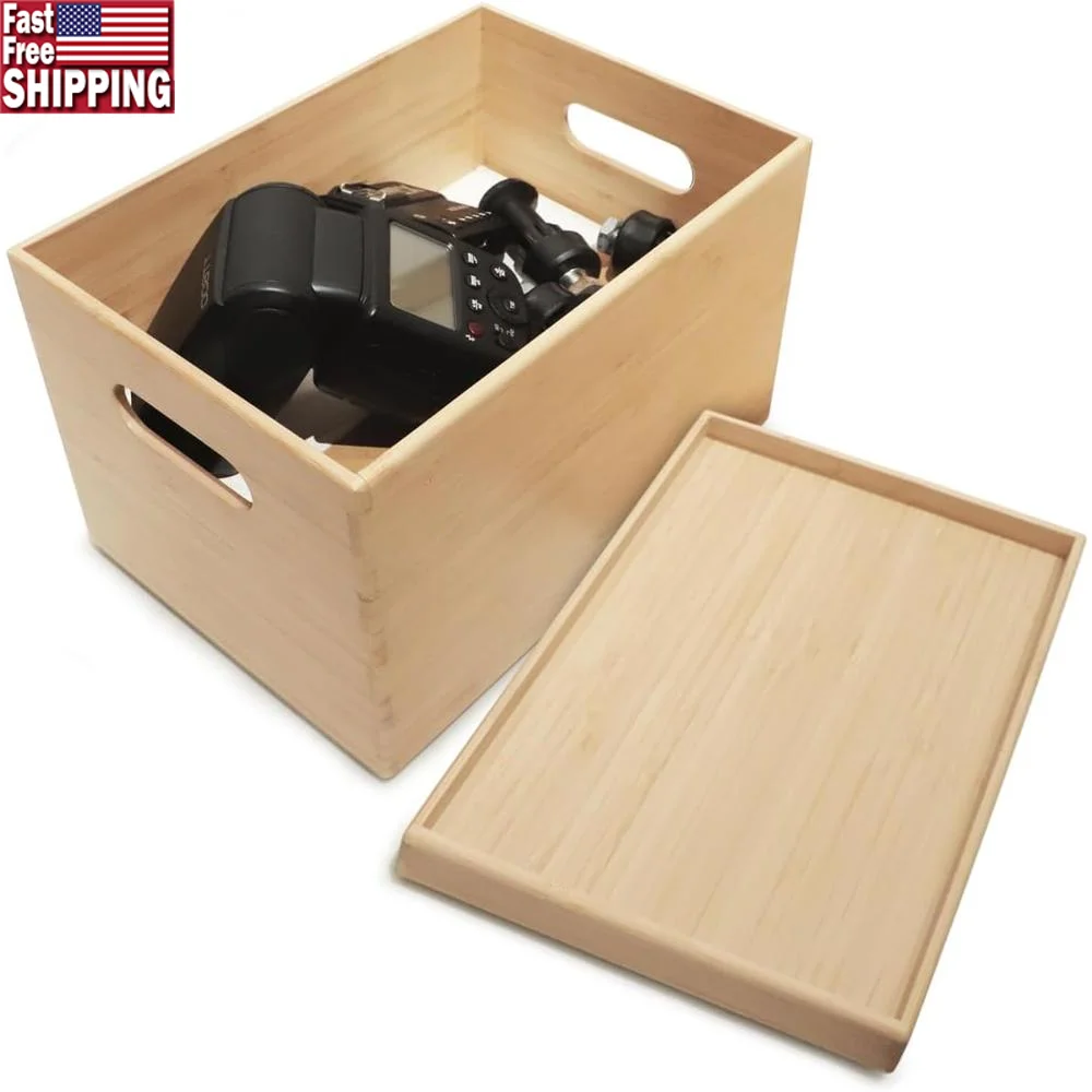 

Stackable Bamboo Storage Bin with Lid and Handles Kitchen Office Organization and Home Decor