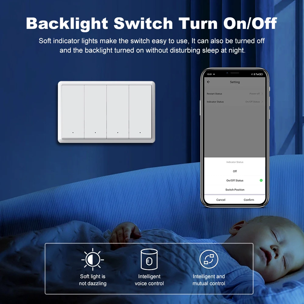 MANHOT Zigbee Smart Wall Light Switch 1/2/3/4 Gang Neutral/No Neutral Wire Push Button App Control Smart Life Alexa Google Home view 6