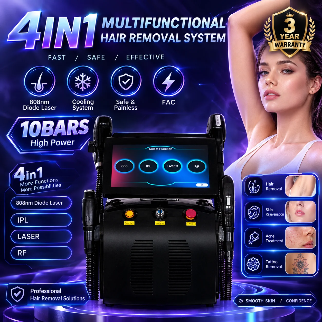 4in1 Professional Multifunctional Hair Removal Machine 808nm Diode  Tattoo Removal, Freckle Removal, Skin Rejuvenation