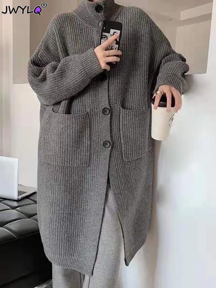 

Winter Grey Thicken Warm Solid Sweater Women Vintage Coat Loose Long Cardigan Korean Fashion Jacket Casual Knit Long Sleeve Top