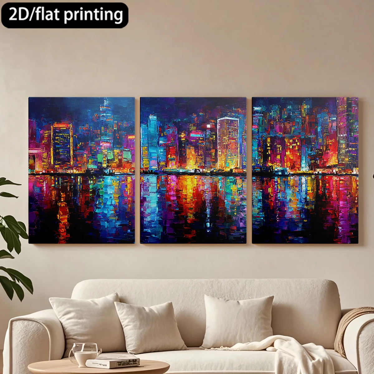 

2D плоская печать, 3-х частная картина на холсте в деревянной раме, декоративная живопись: Городской пейзаж ночью, отражения воды. Декор для коридора и спальни.