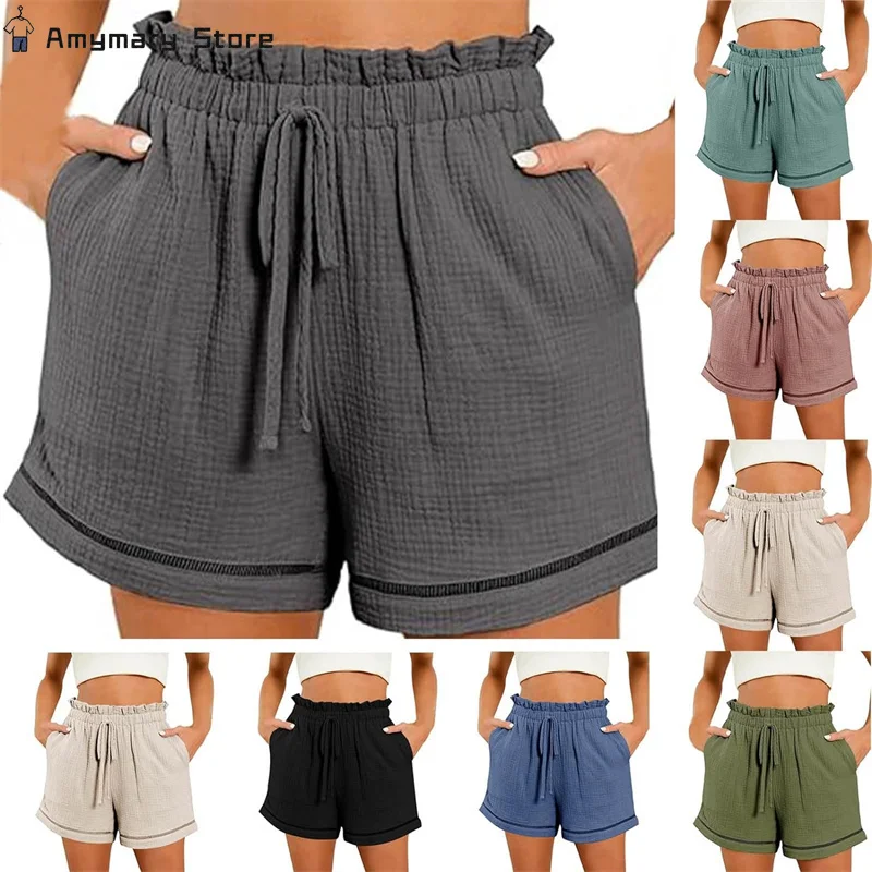 Short d'été taille haute pour femmes, couleur unie, décontracté, taille élastique, jambes larges, avec poches, confortable, pour la plage