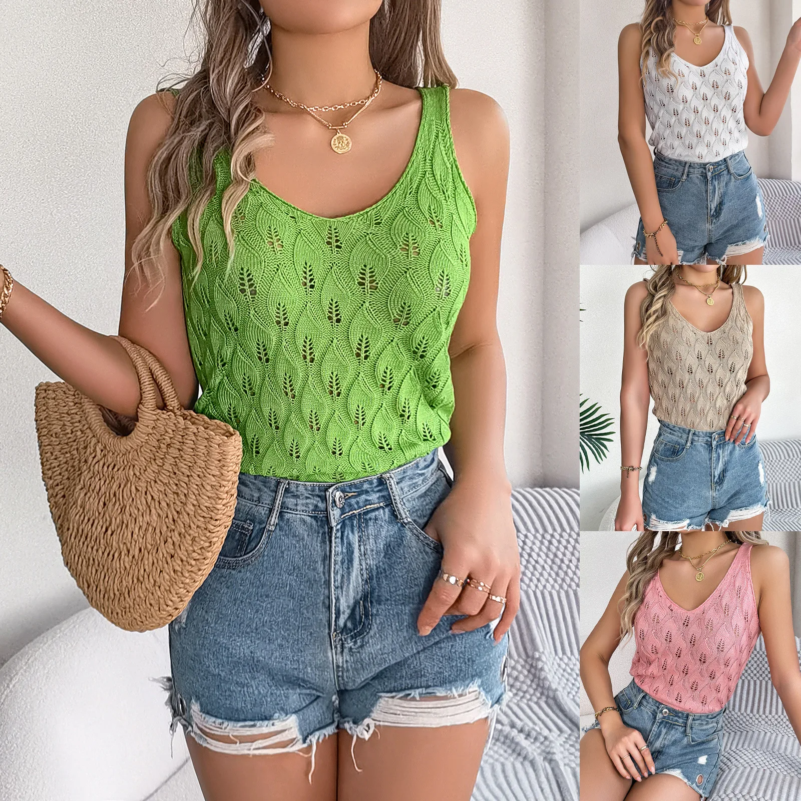 

Summer Women's Knitted Camisole V-neck Hollow Leaf Ladies Sleeveless Tops Solid Color Casual Vacation Vest Women's Knitwears
