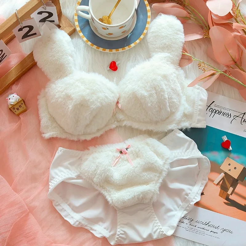 Bra Women short fluffy bunny ears childish cute underwear winter models solid color bras comfortable lingerie sets