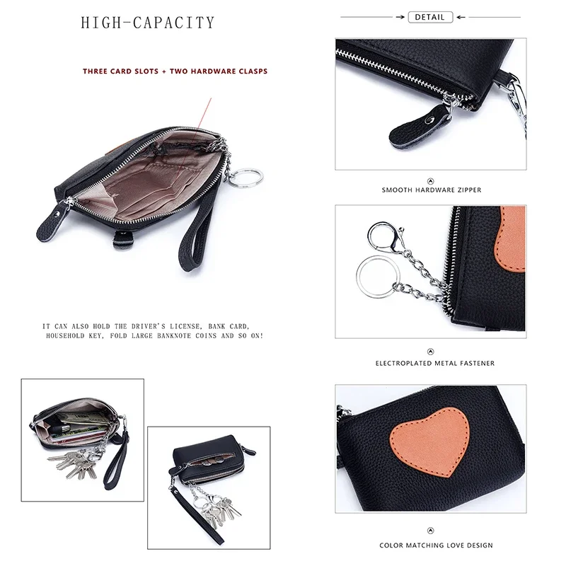 Fashion Heart Women's Wallets Genuine Leather Wrist Strap Zipper Clutch Key Ring Coin Money Bag Girls Cute Coin Purse