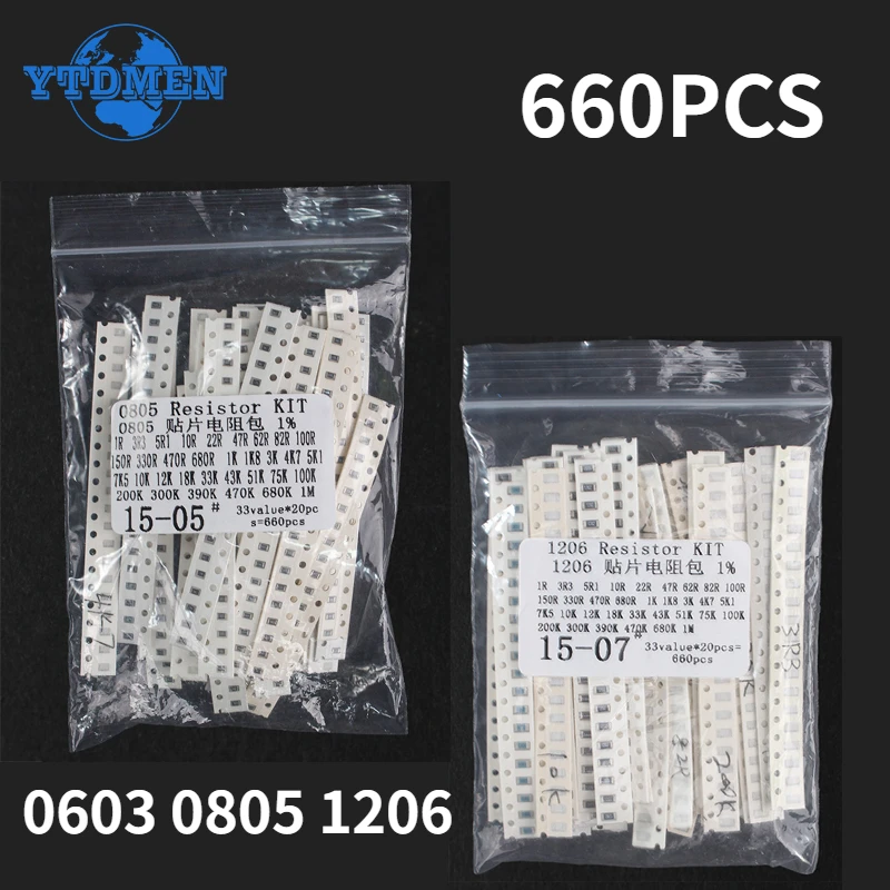 660 szt. Rezystor SMD 0603 0805 1206 1% zestaw różnych rezystancji 1 Ohm - 1M Ohm rezystory chipowe