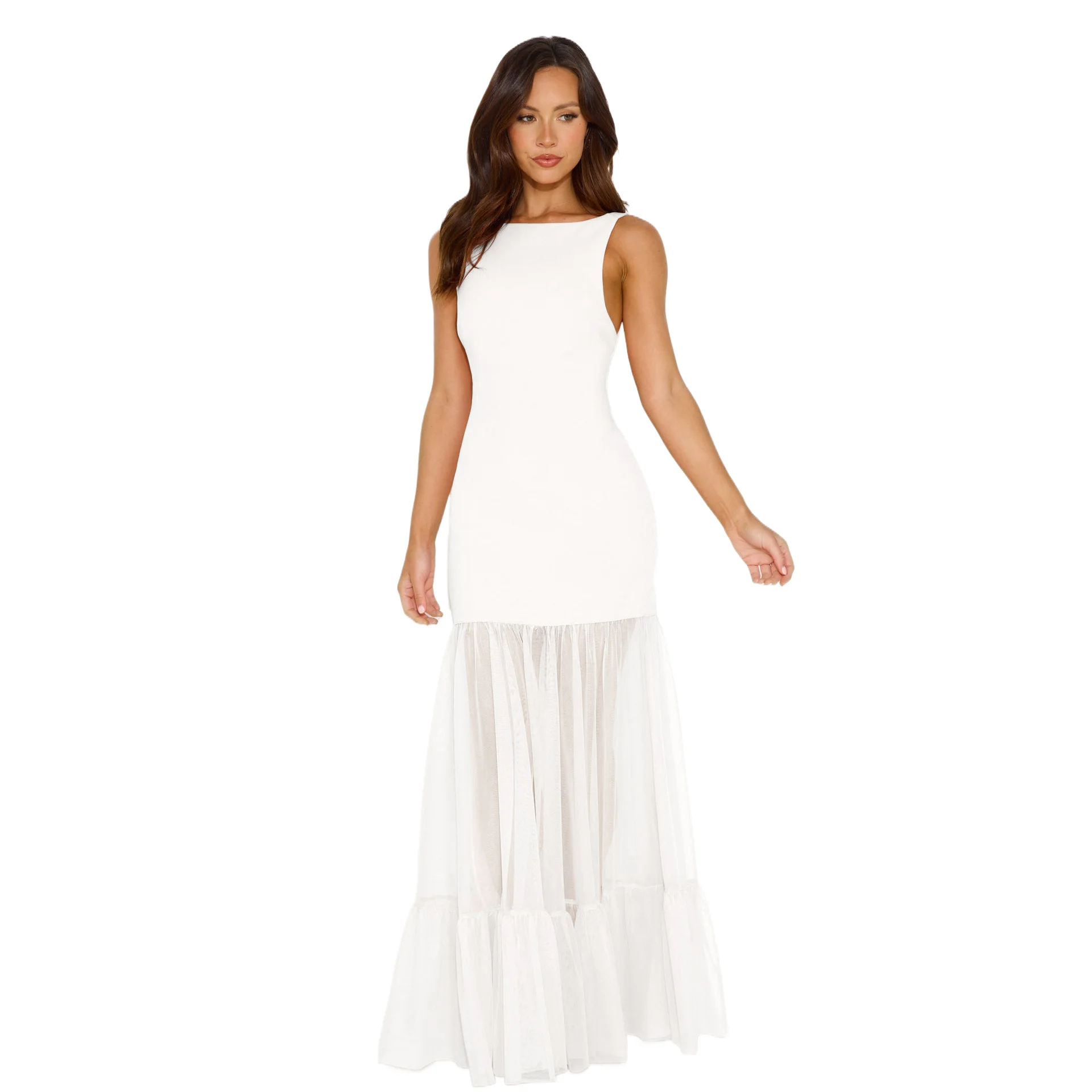 

Women's Fashionable Dress With Mesh Splicing Perspective Sleeveless Style Elegant Spring Summer Solid Color Jumpsuit Long Skirt