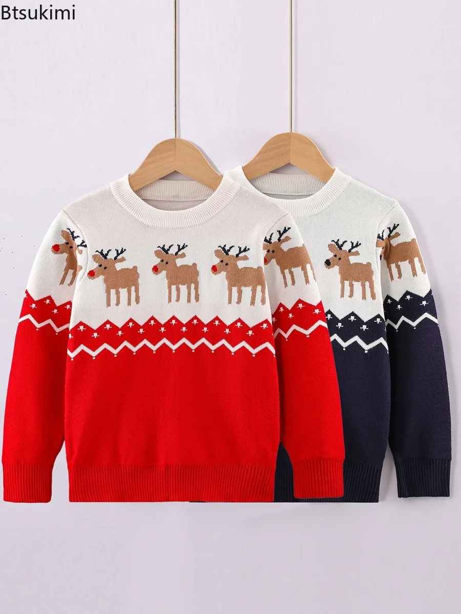 

Christmas Boy Girl Fashion Hoodie Pure Cotton Long-sleeved Round-neck Random Printed Reindeer Pattern Outdoor Casual Pullovers