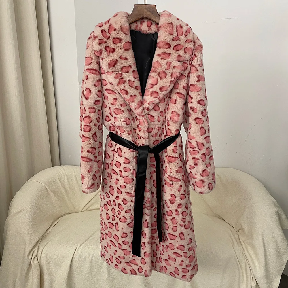 2026 Street Oversized Winter Warm Rex Rabbit Fur Jacket Coat Long Leopard Belted Lapel Collar Overcoat Female Outerwear Clothing