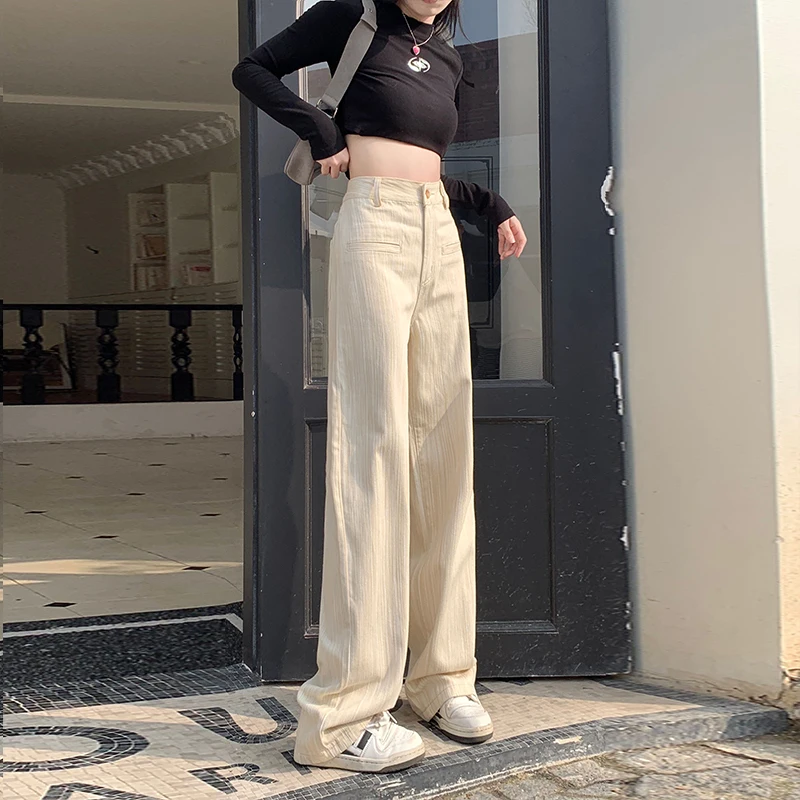 FINEWORDS Vintage Striped Jeans Women Korean Loose Wide Leg Jeans High Waist Streetwear Beige Casual Spodnie Damskie