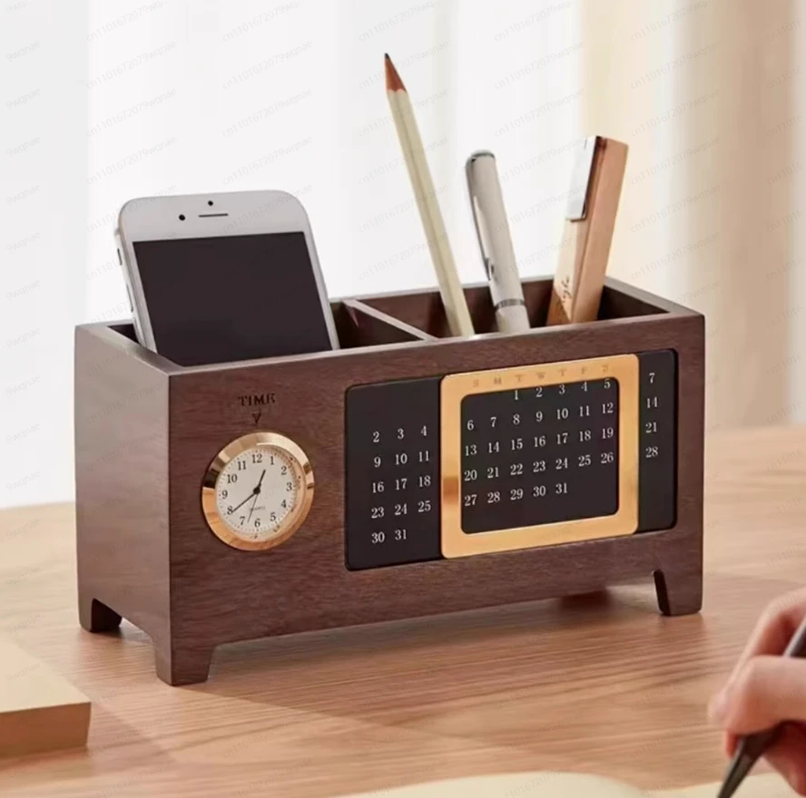 

Perpetual calendar pen holder with calendar walnut storage box office wooden desktop ornament