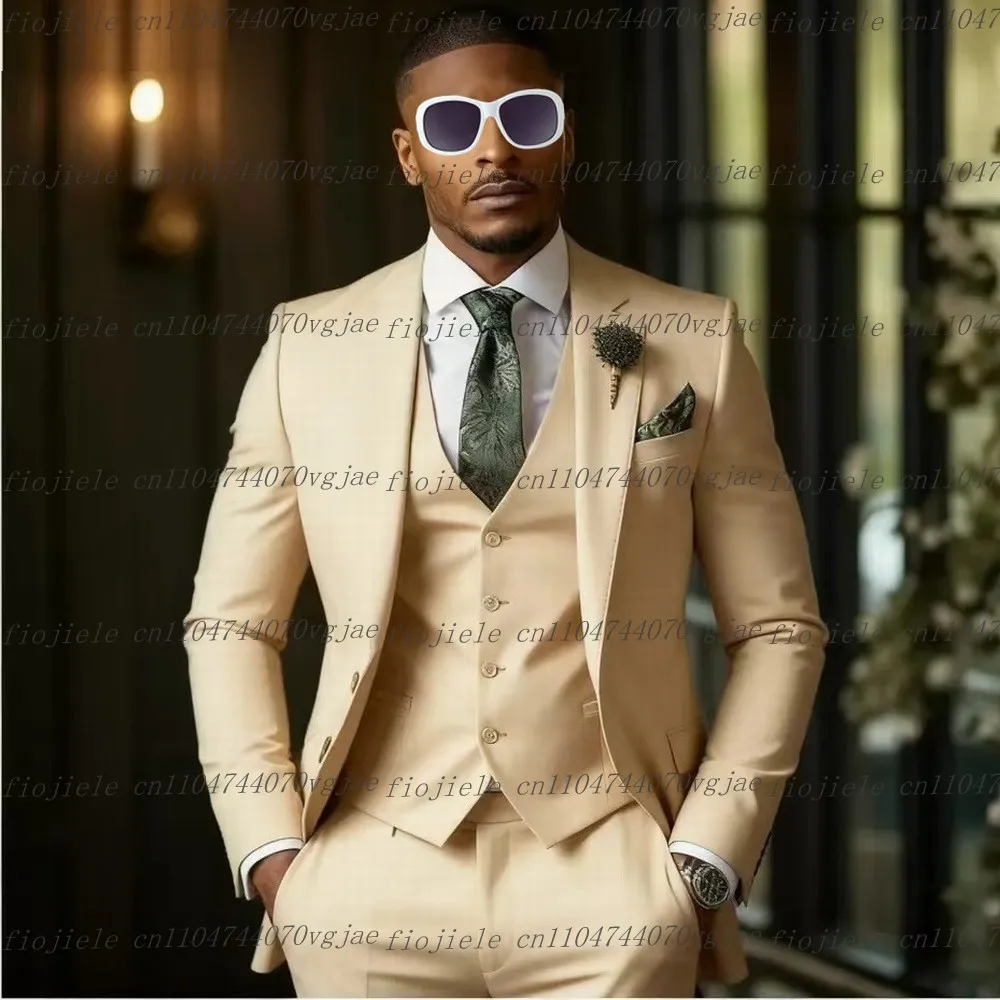 

Новый мужской костюм цвета шампанского, официальная свадебная вечеринка, жених, жених, деловые мужские смокинги, комплект из трех предметов по индивидуальному заказу, куртка, жилет, брюки