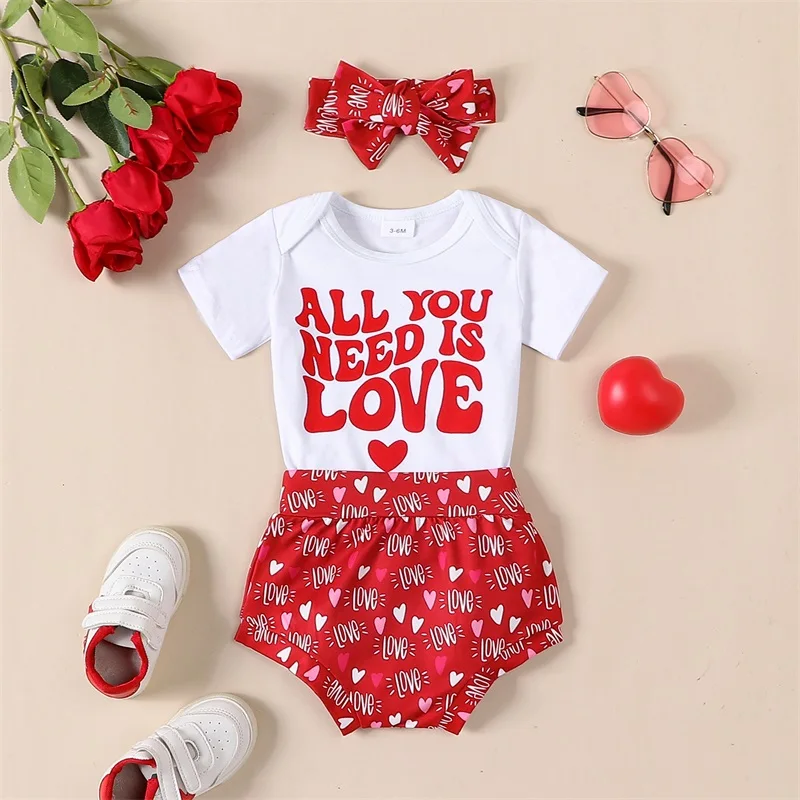 Newborn Baby Girls Clothing Set Short Sleeve Letters Print Romper Heart Print Shorts with Hairband Summer Casual Outfit