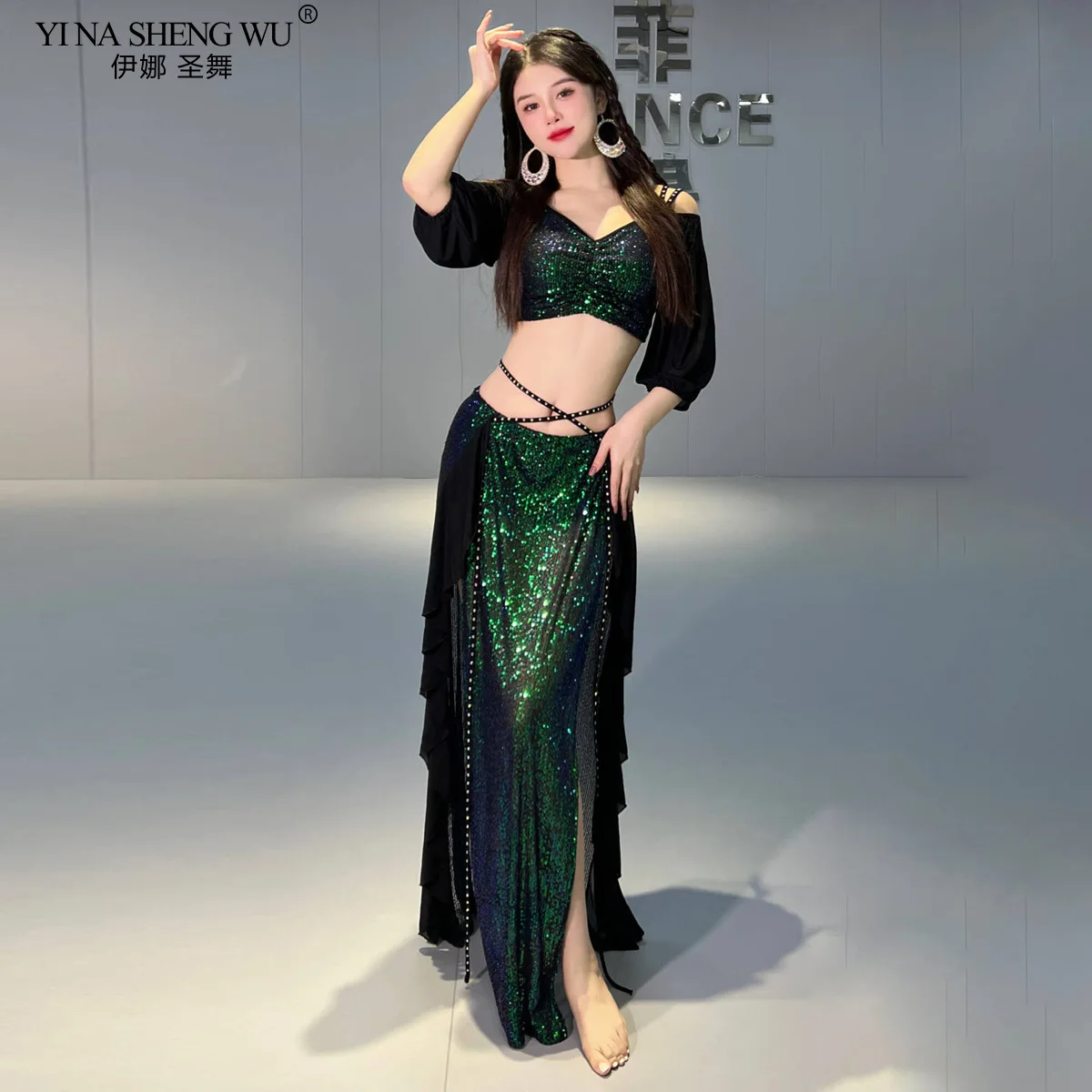 Belly Dance Costume for Women Short Sleeves Top+split Long Skirt 2pcs Oriental Professional Set Belly Dancing Practice Clothes