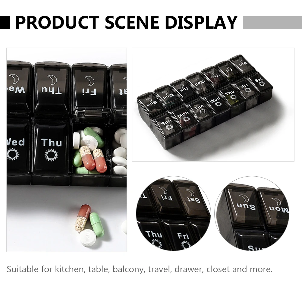

2 pcs 14-Cell Medicine Storage Cases Durable Pill Organizer Boxes Portable Medicine Holders Large Capacity 7-Day Medication