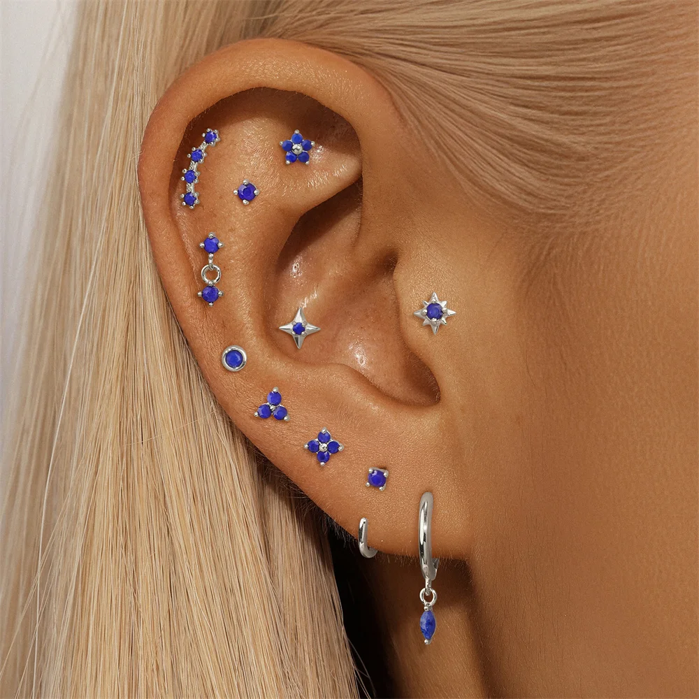 CANNER 1PC 925 Sterling Silver Horse Eye Lazurite Flat Head Thread Piercing Stud Earring For Women Butterfly Flowers Earring New - view 4