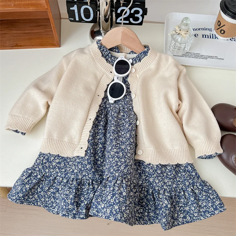 

Autumn New Fashionable Girls' Floral Dress Set Children's Knitted Cardigan Two-Piece Set