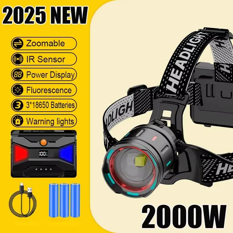 

2025 Newest Powerful LED Headlamp 800W LED IR Sensor Rechargeable Headlight 3500M Super Bright Head Flashlight Fishing Lantern