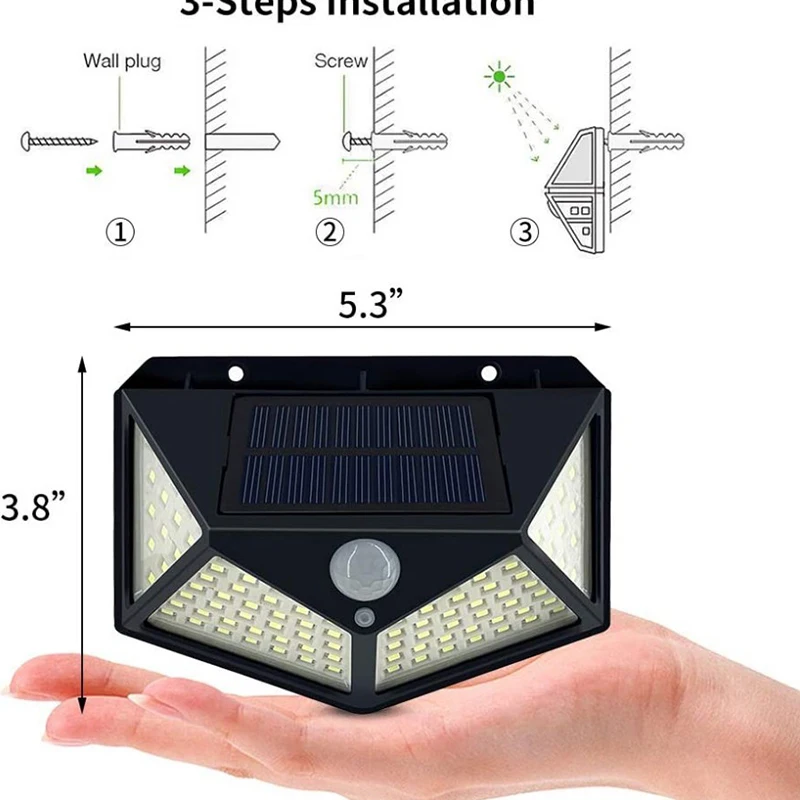 Lampy solarne Zewnętrzne lampy ogrodowe Lampy ścienne z czujnikiem ciała Czterostronne 100-LED Akumulatorowe oświetlenie domu Lampy uliczne