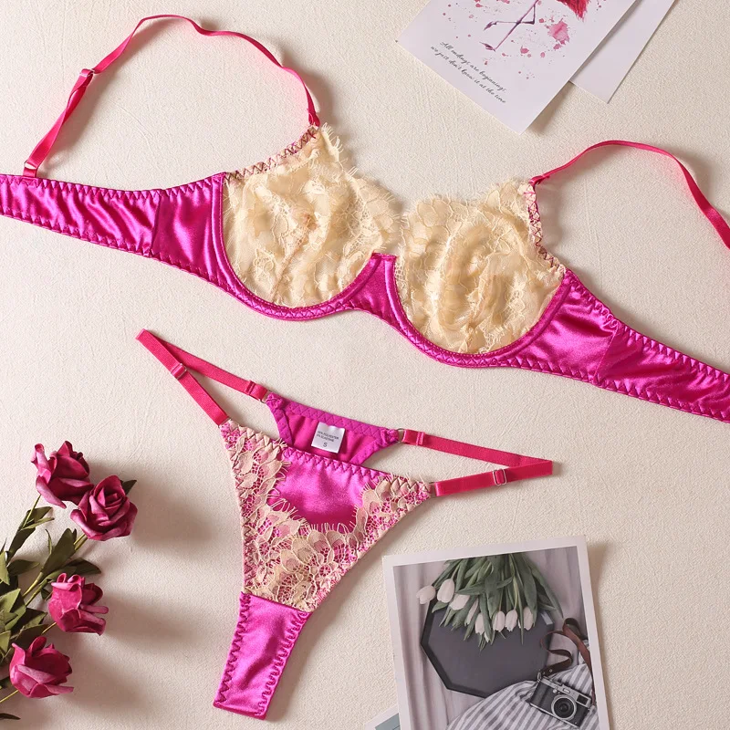 Patchwork Sexy Lingerie for Women Eyelash Lace Mesh Matching Bra and Panty Sets… - Image 5
