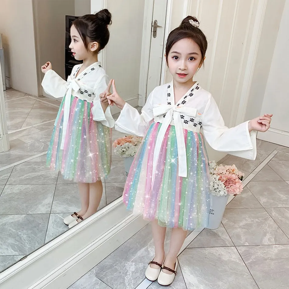 Little Girls Ethnic Dress Colorful Tulle China Classical Fairy Clothes Asia Stage Play Dance Performance Featured Princess Kids