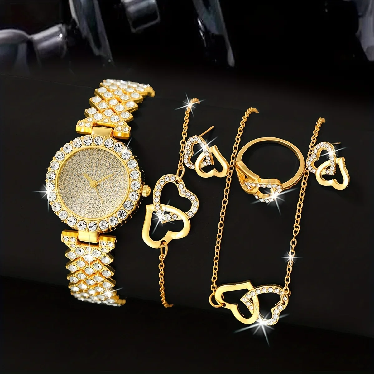 1pc Rhinestone Decor Quartz Watch Elegant Starry Dial Analog Dress Watch & 5pcs Jewelry Set, Gift For Mom/Girlfriend