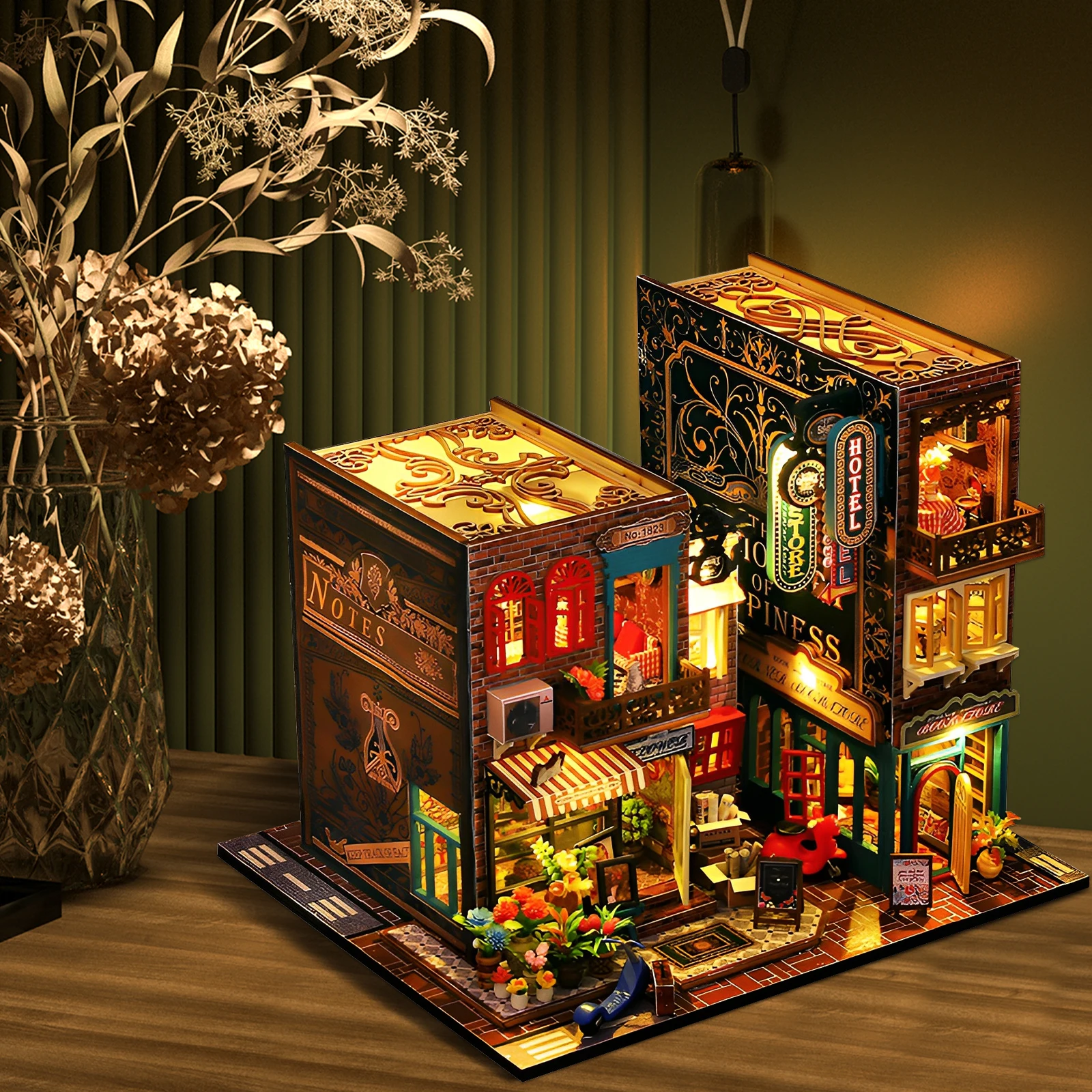 DIY Book Nook Kit 3D Wooden Puzzle Bookshelf Insert Decor with LED Light DIY Miniature Dollhouse Model Kit Bookend Building Kits