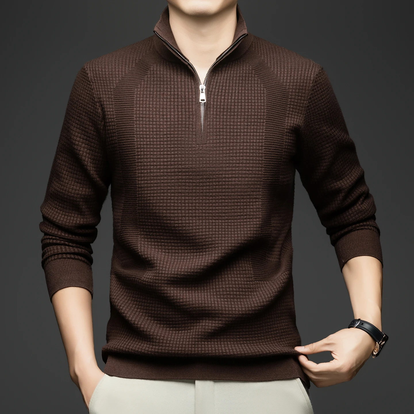 

Новинка 2024 года (включая шерсть) мужской свитер на молнии на половину осень и зима 2025 новый свободный вязаный свитер для мужчин