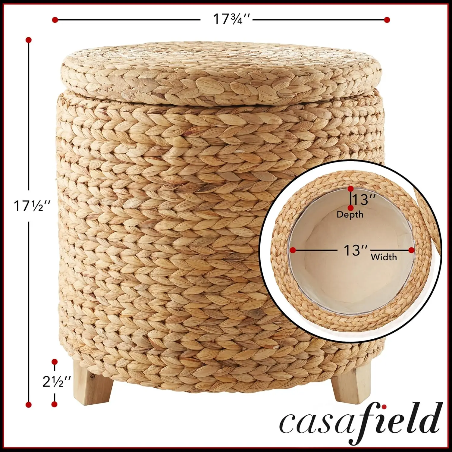 

17" Round Storage Ottoman with Lid - Natural, Handwoven Water Hyacinth Footstool