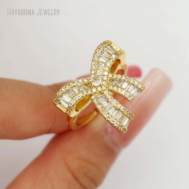 

10Pcs Copper Invisible Setting Bowknot Gold Color Wholesale Metal Cubic Zirconia Ring RM51058
