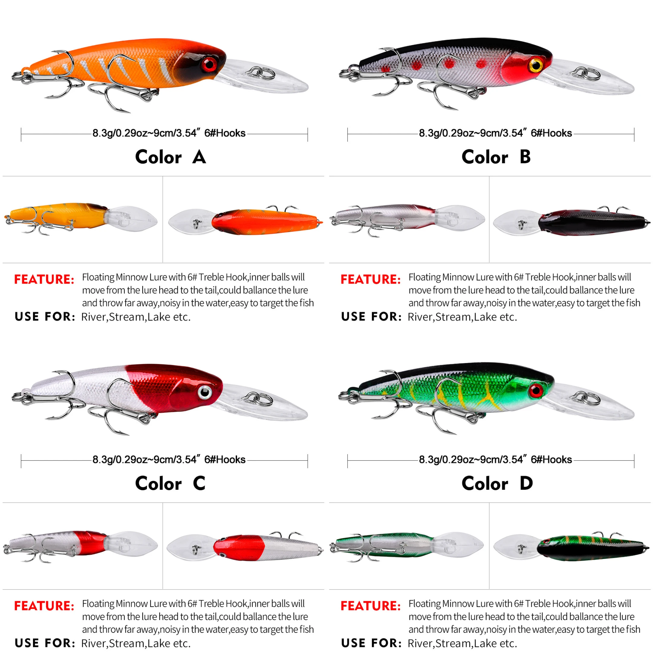 10PCS/Set 10 Colors Floating Minnow Crankbait Wobbler Hard Lure 9cm 8.3g Sharp 6# Treble Hook for Bass Perch Trout Pesca - view 5