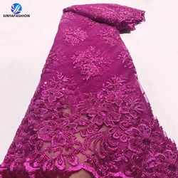 Sinya Fuchsia Pink African Sequins Beaded Lace Fabric 5 Yards High Quality French Embroidery Wedding Bridal Lace With Sequins