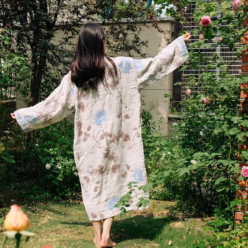 Women Bathrobe Pure Cotton 4 Layers Of Gauze Shower Robe Solid Color Absorb Water Long Sleeve Bathrobe Pyjamas Wrapped Towel