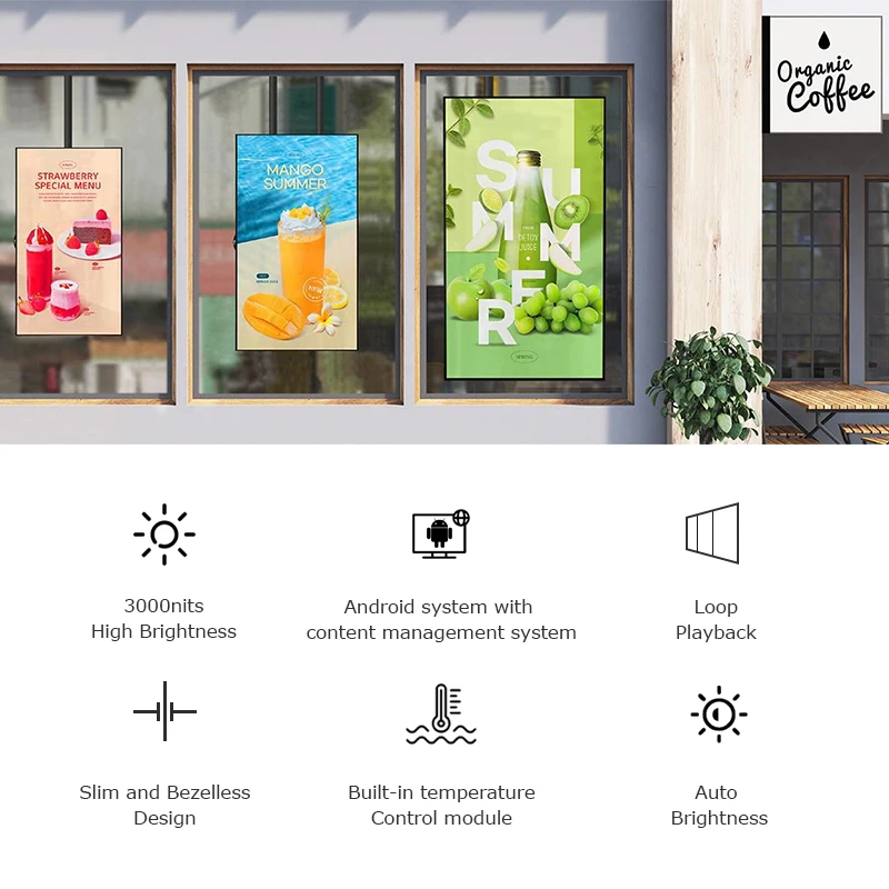 Display ad alta luminosità con finestra da 65 pollici, pubblicità da 2500 nit, schermo LCD 4K, lettore multimediale Android per centro commerciale finestra