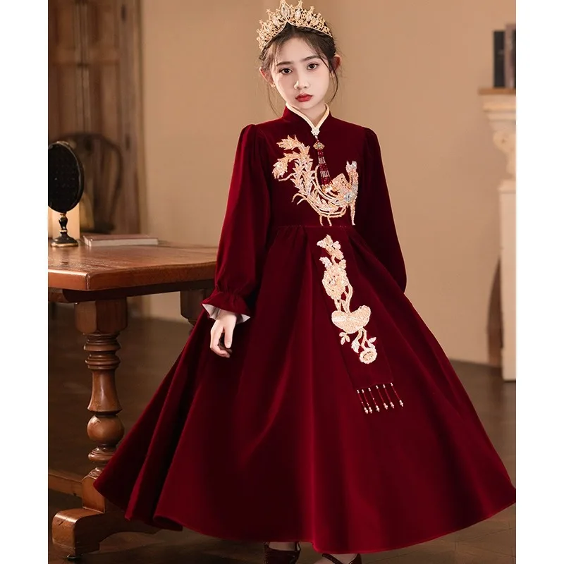 Girls' High-End Dress Children's Chinese Style Birthday Princess Dress Little Girl Spring New Year Clothes High-Grade Fleece-lin