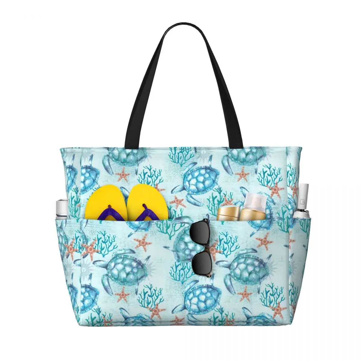 Custom Blue Turtle Beach Tote Bag for Women Ocean Animal Large Compartment Beach Gym Travel Bags